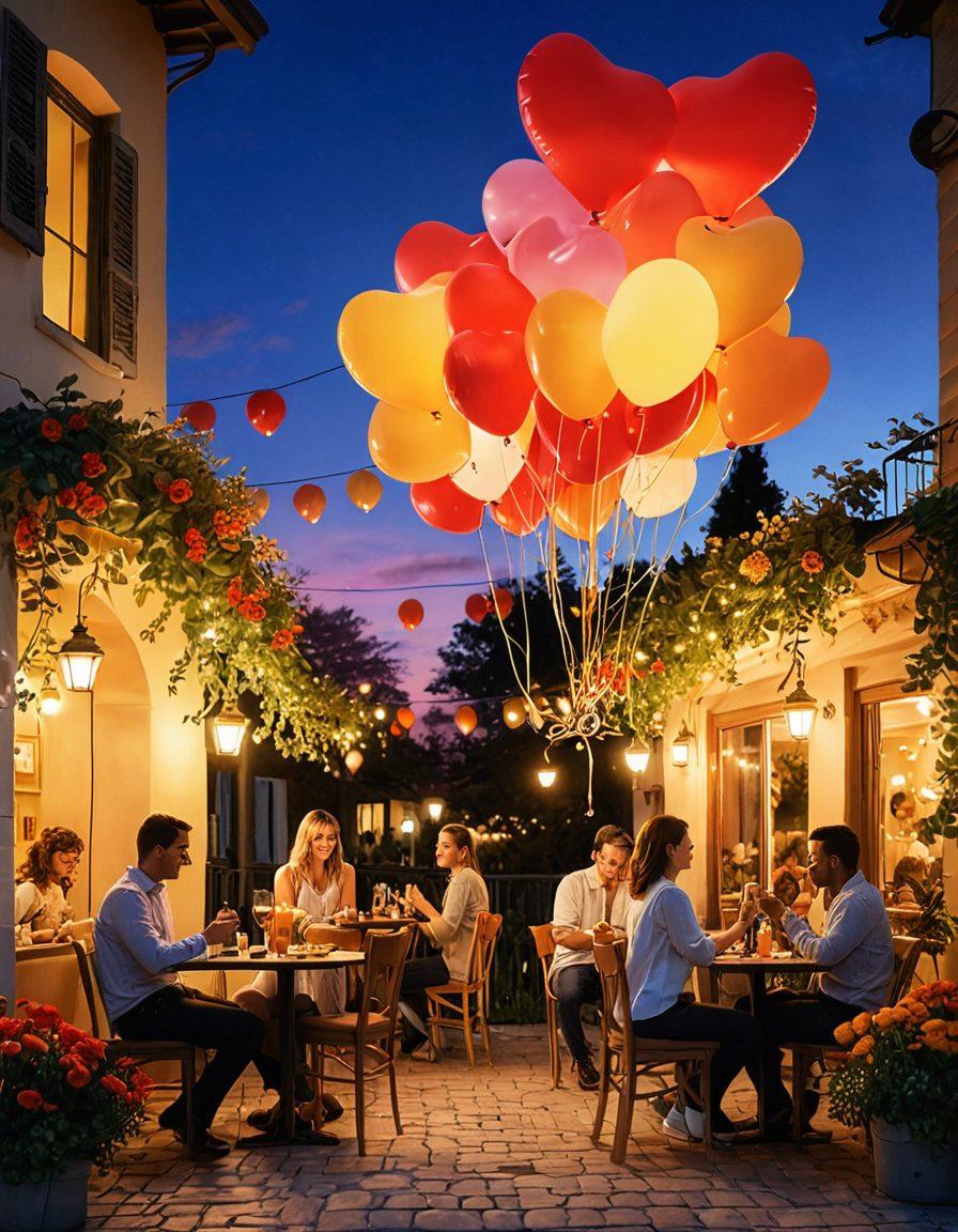 A whimsical scene depicting a diverse group of people engaged in playful flirting in an elegant outdoor café, with heart-shaped balloons floating around, vibrant flowers, and laughter in the air. The characters showcase different styles and expressions of casual yet complimentary interactions, radiating warmth and charm. A soft sunset casts a golden hue, enhancing the romantic atmosphere. super-realistic. vibrant colors. soft lighting.